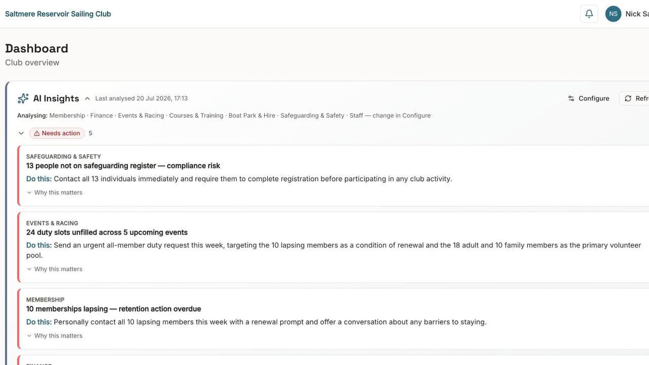 AI Insights on the Sail club dashboard