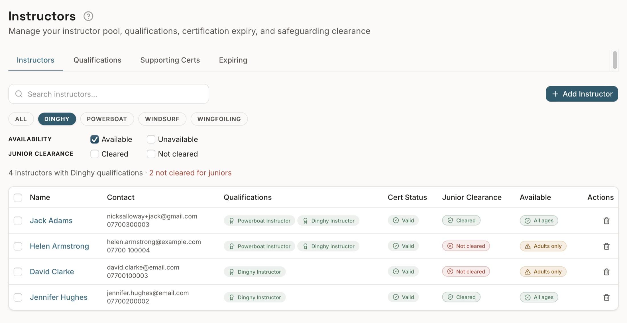 Instructors & qualifications in the Sail app