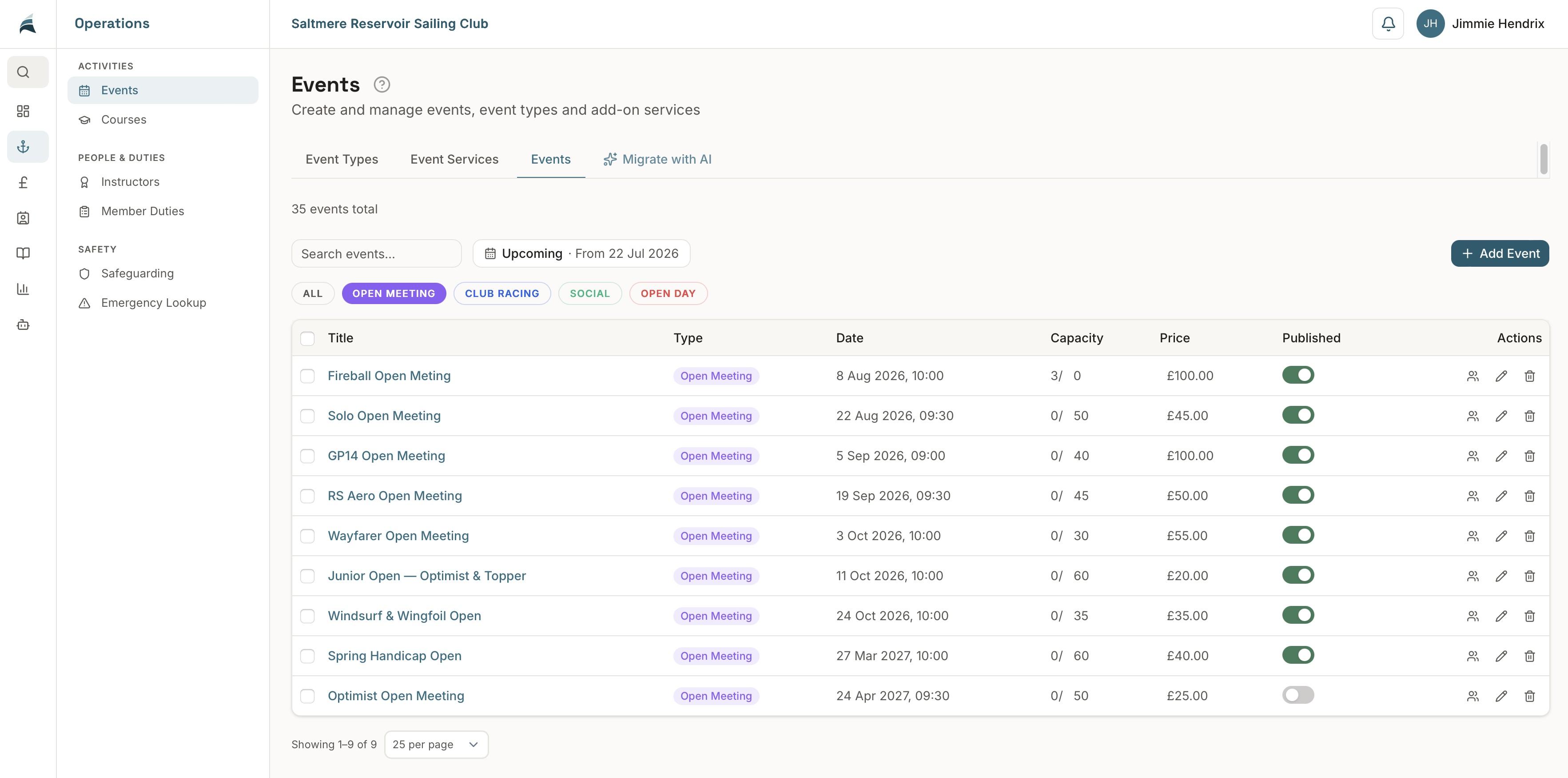 Events & bookings in the Sail app